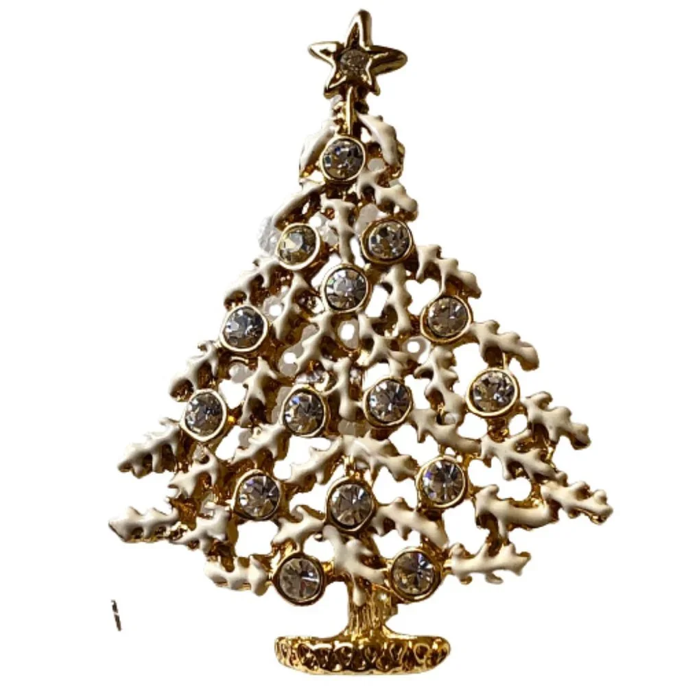 Vintage Christmas Tree Brooch Pin White Enamel & Clear Rhinestones